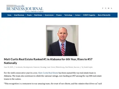 For the sixth consecutive year in a row, Matt Curtis Real Estate has been named the top real estate team in Alabama. The team also continues to climb the national ratings, now landing at #57 among the top 100 real estate teams in the nation.   “This recog